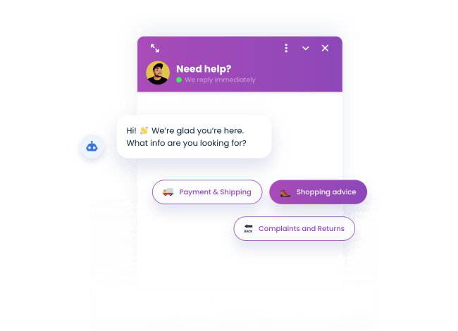 Smartsupp chatbots with FAQs such as information about shipping, payments, or returns.