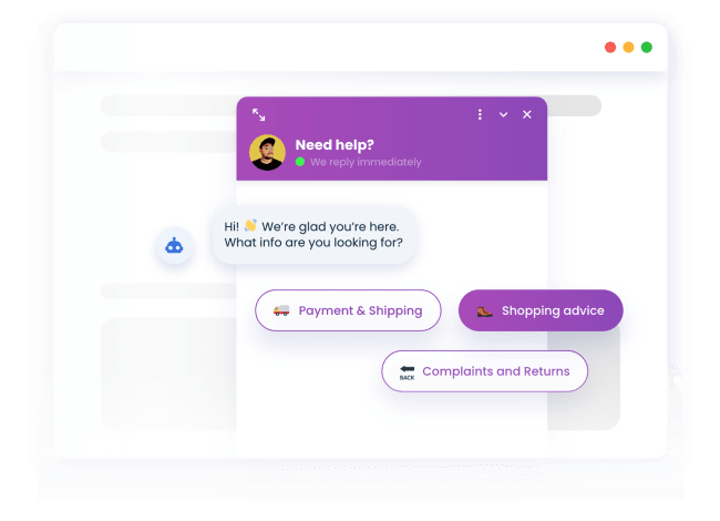 Smartsupp chat box with a simple FAQ chatbot asking about what are you looking for.