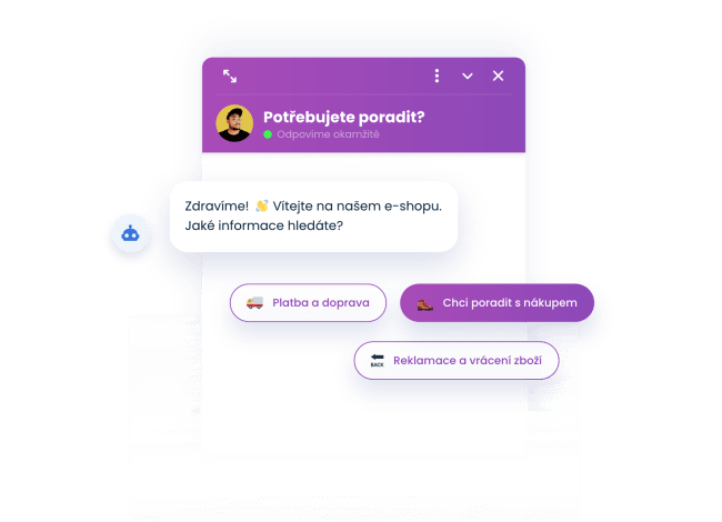 Smartsupp chatbot zobrazující nejčastější dotazy, jako jsou informace o dopravě, platbách nebo vrácení zboží.