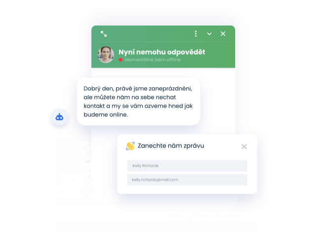 Smartsupp chatbot žádající návštěvníky o vyplnění kontaktních údajů, díky čemuž pozná potencionální leady. .