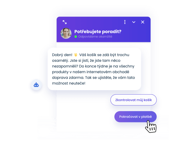 Smartsupp chatbot nabízející pomoc v nákupním košíku.