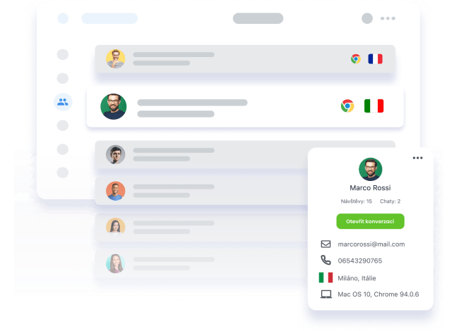 Smartsupp Dashboard s podrobnými informacemi o návštěvnících, jako je e-mail, telefonní číslo nebo poloha.