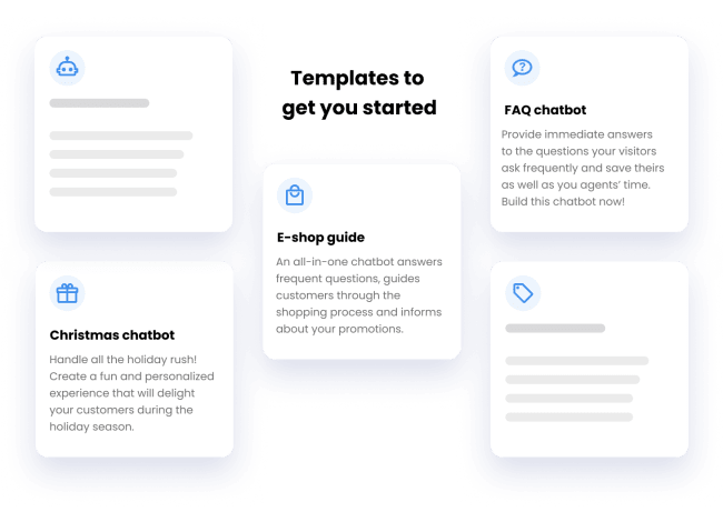 Examples of pre-prepared chatbot templates - FAQ chatbot, chatbot for e-shops, and Christmas chatbot.