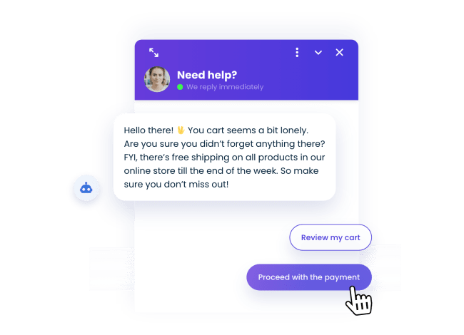 Smartsupp chatbot offering help in shopping cart.