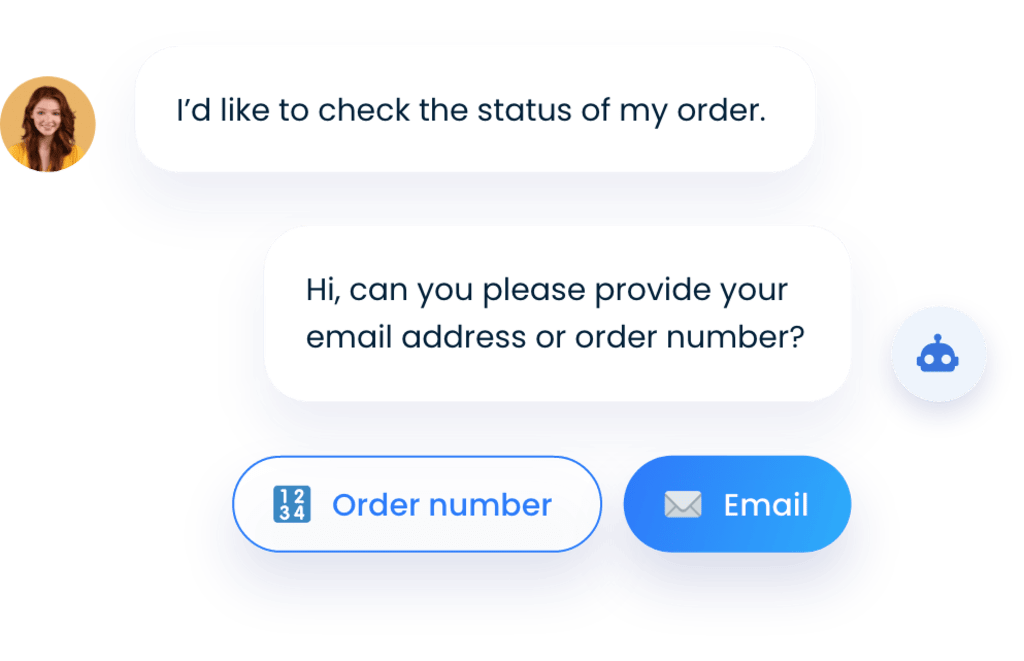 Woman wanting to know the status of her order and a chatbot that asks her for an email address or a phone number